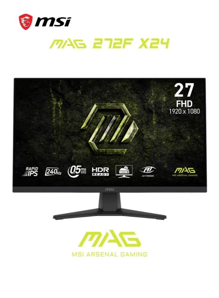MSI MAG 272F X24 | 27-inch 1920 x 1080 (FHD) Gaming Monitor | 240Hz | Adaptive-Synch, HDMI, DisplayPort | VESA Mountable, Tilt, Height Adjustable, Speaker, 0.03ms | Black - Image 1